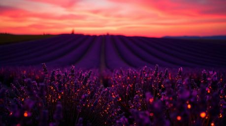 Capture the ethereal beauty of lavender fields bathed in a dreamy pink sky. This stunning photograph showcases vibrant biolum