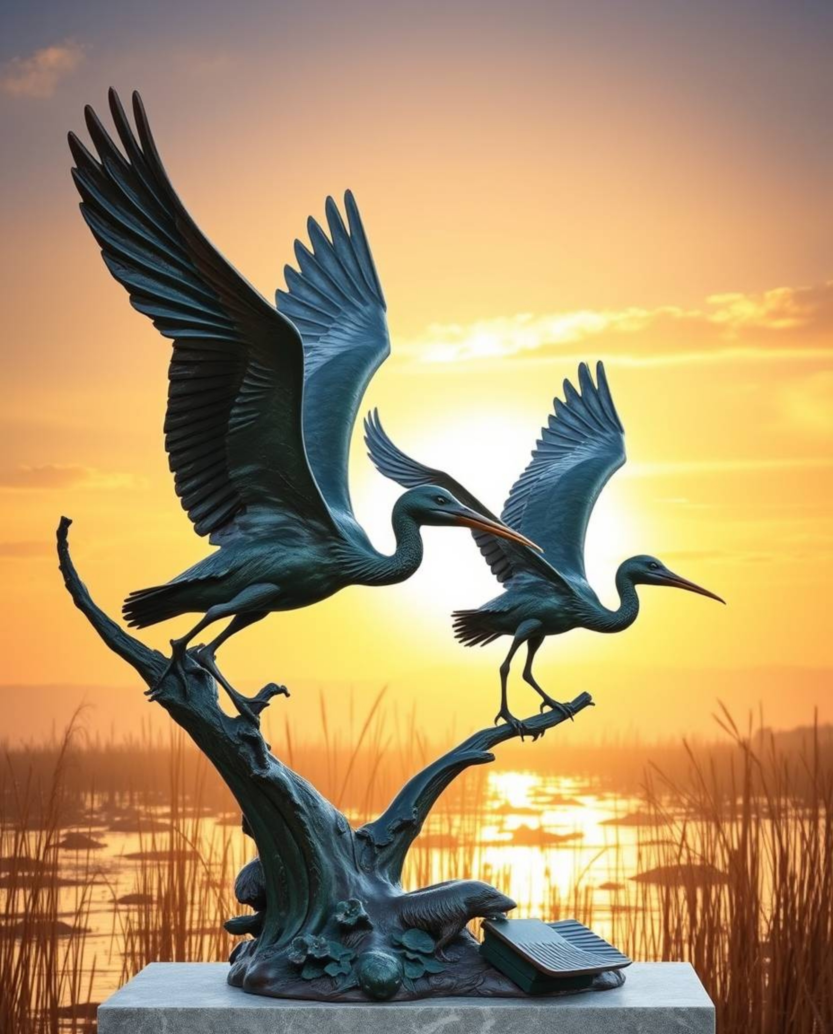 A cast bronze sculpture depicting graceful herons in flight during the golden hour over wetlands. This piece of art is charac