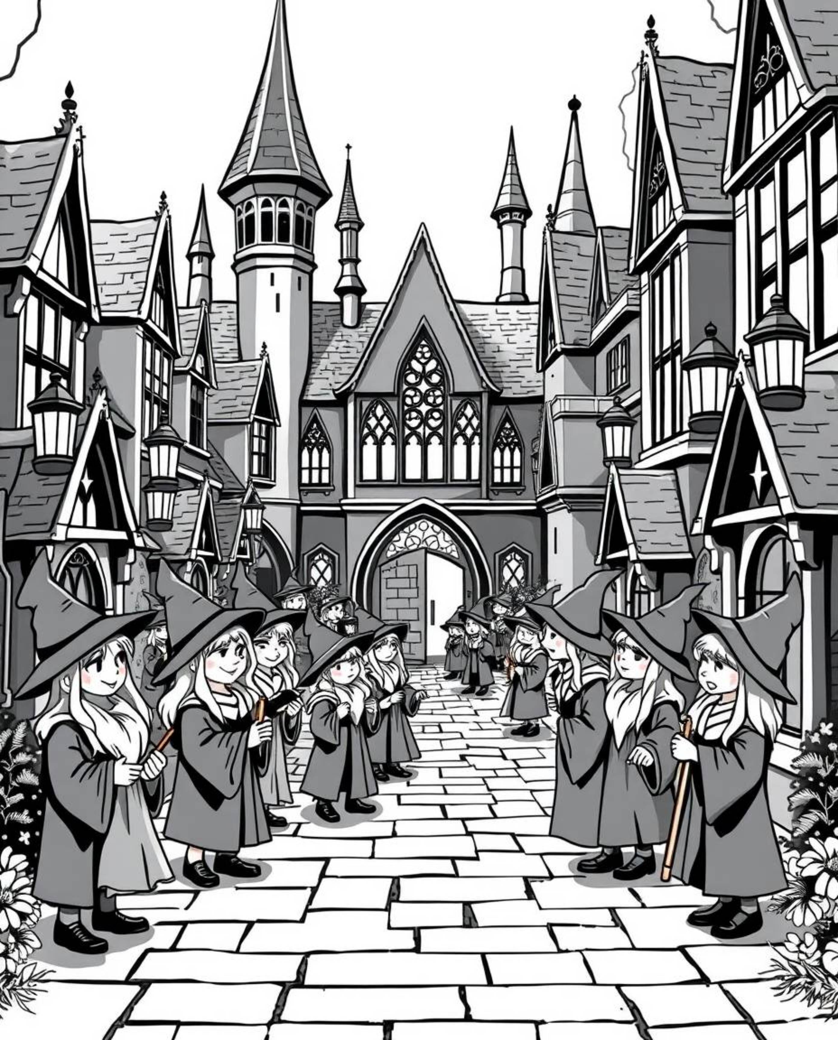 Discover a classic black and white image of an adorable and charming magical school brimming with young wizards.  This timele