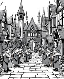 Discover a classic black and white image of an adorable and charming magical school brimming with young wizards.  This timele