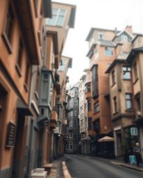 Explore a surreal street scene captured in soft focus with a hazy background, where buildings appear to fold and twist in imp