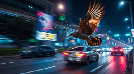 Witness a breathtaking scene of a bioluminescent bird zipping past city traffic, captured in a stunning 16:9 shot with epic l