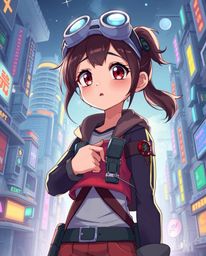 Discover a captivating Isekai anime illustration featuring a young, expressive inventor girl in a vibrant, futuristic city.  
