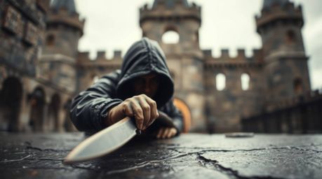 A thief attempts a daring infiltration into a heavily guarded castle, captured with a sharp focus on the subject against a be