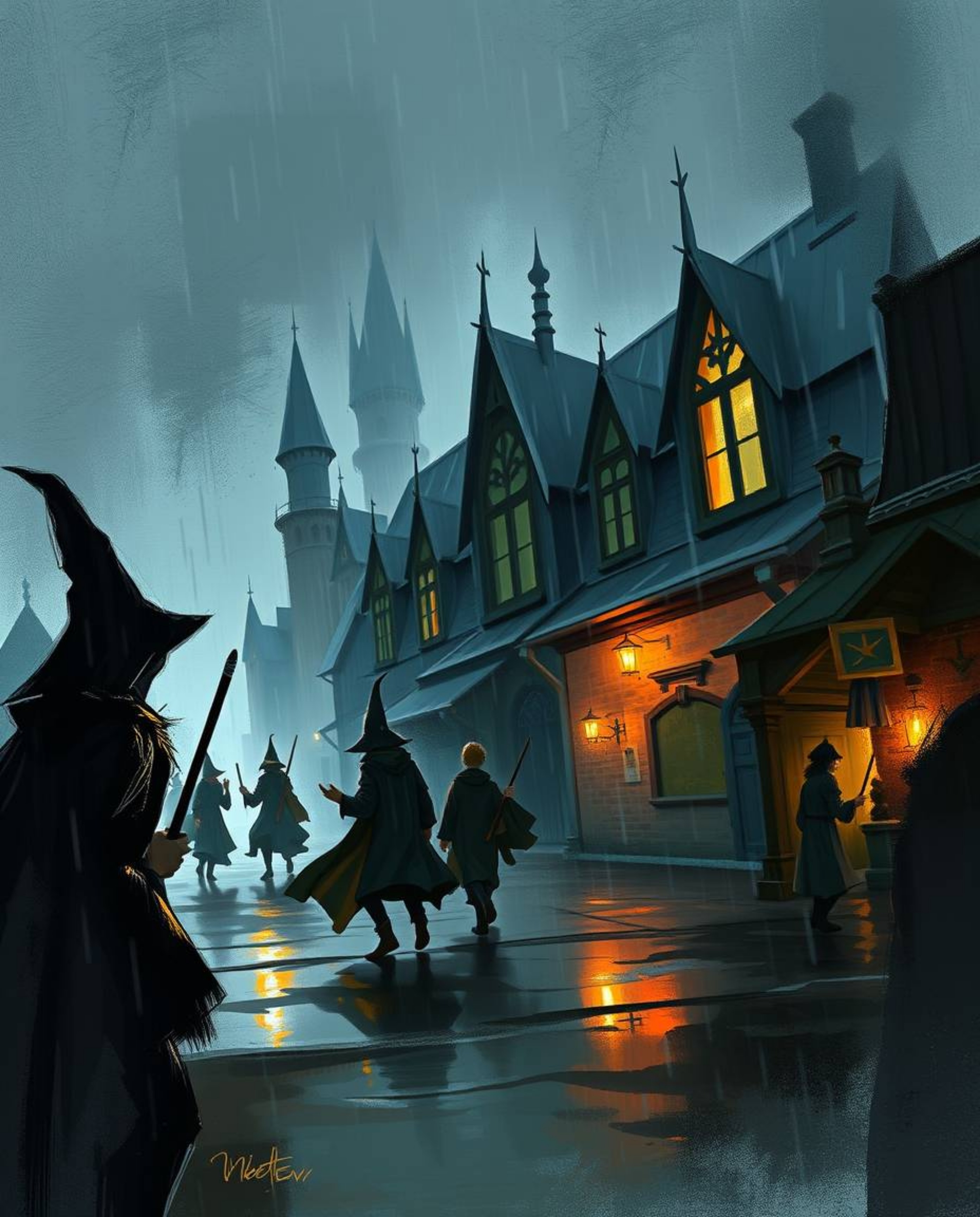 Explore a dynamic digital sketch depicting a wet and rainy scene set within a magical school bustling with young wizards.  Re