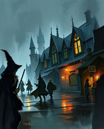 Explore a dynamic digital sketch depicting a wet and rainy scene set within a magical school bustling with young wizards. Re