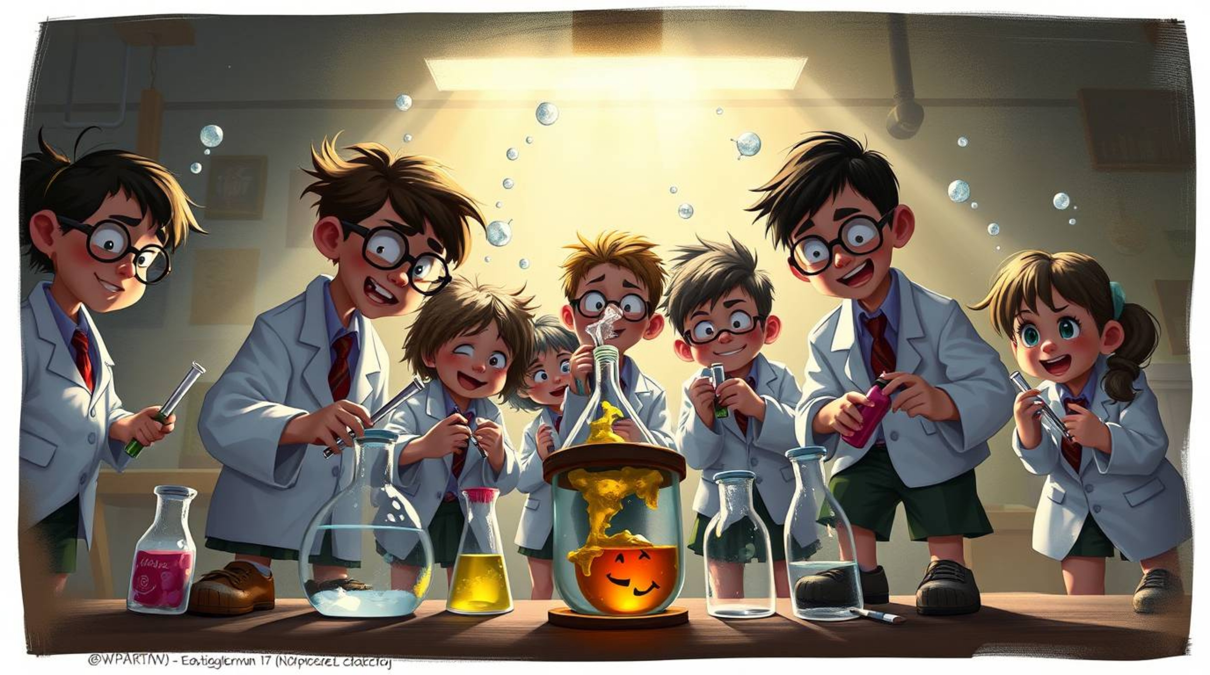 A captivating digital painting showcases a group of eccentric children in mismatched school uniforms, engaging in chaotic yet
