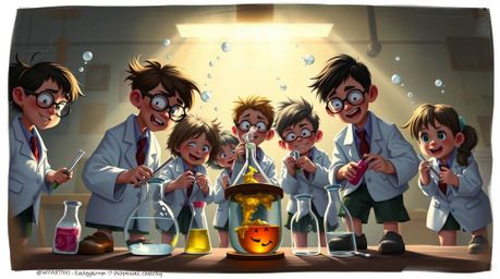 A captivating digital painting showcases a group of eccentric children in mismatched school uniforms, engaging in chaotic yet