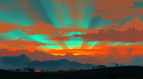 A captivating digital sketch showcases the ethereal beauty of the Northern Lights dancing across a misty sunset sky.  Warm te