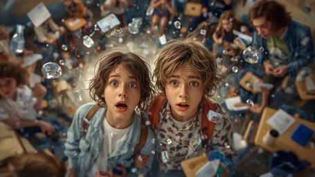 A vibrant, cinematic photograph in the whimsical style of Pixar captures the astonished expressions of a science fair duo who