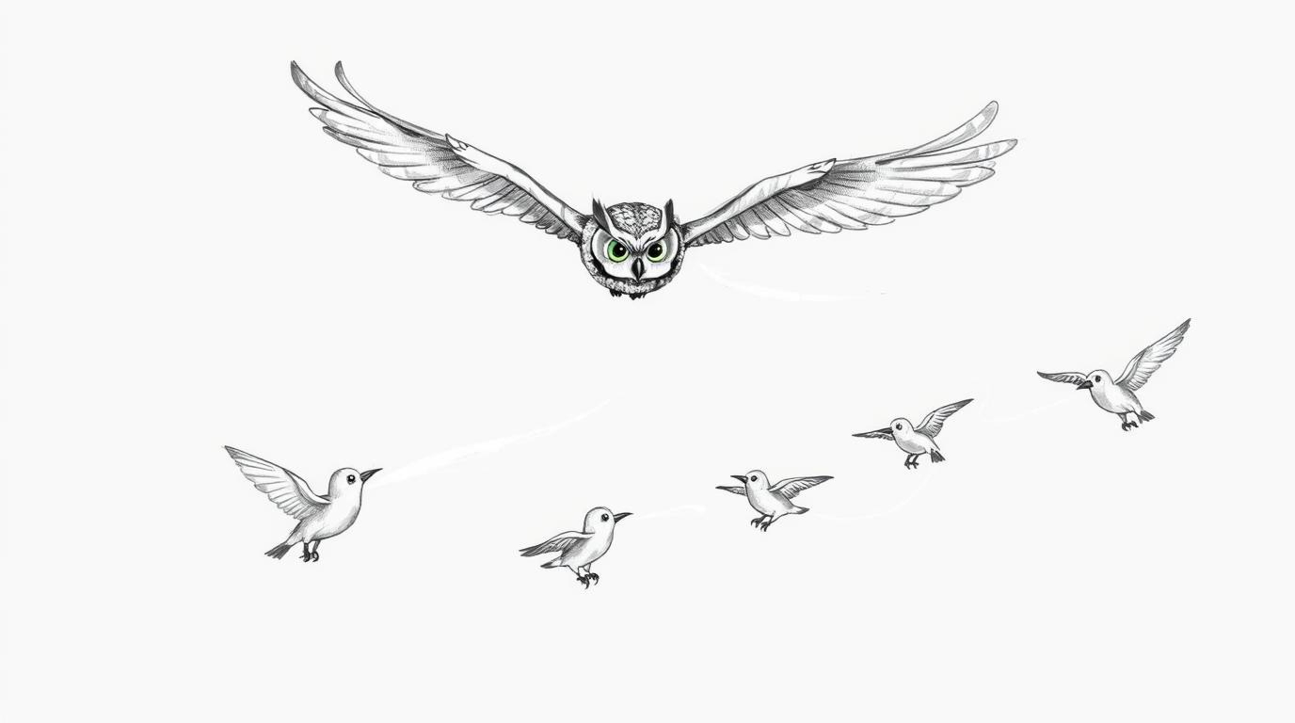 A captivating hand-drawn sketch reminiscent of Pixar, featuring a blind owl in mid-flight, guiding several birds in their fly