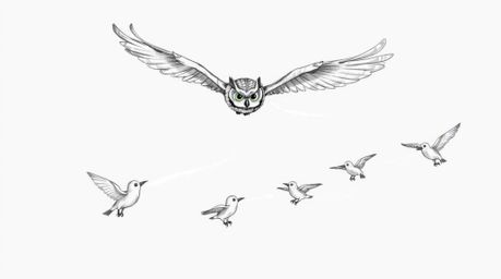 A captivating hand-drawn sketch reminiscent of Pixar, featuring a blind owl in mid-flight, guiding several birds in their fly