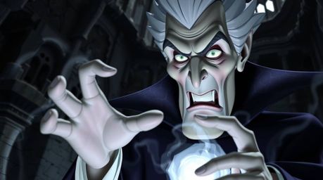 A captivating high-resolution stock photo depicts a classic Disney villain with sharp features and pale skin, casting a spell