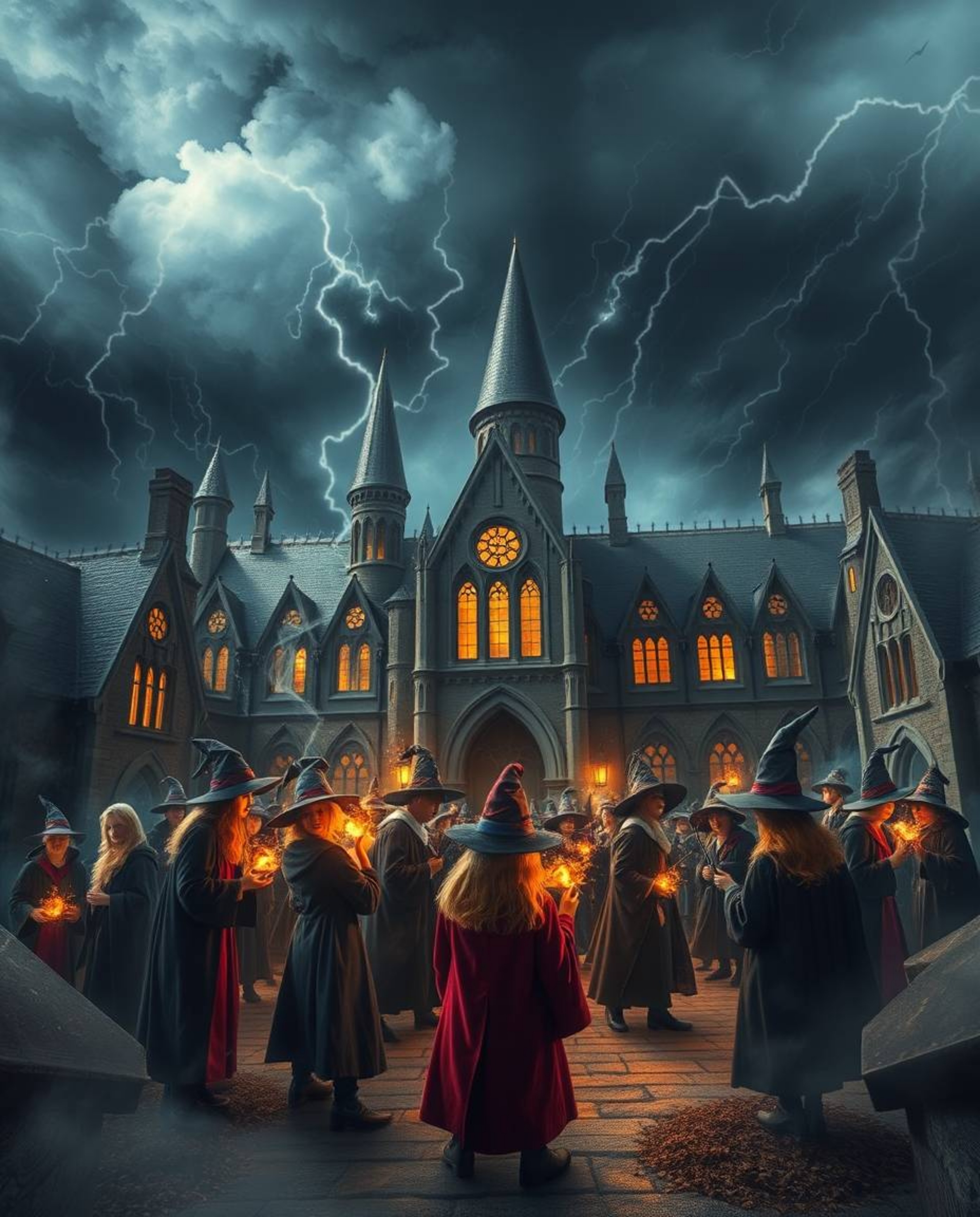 Step into a magical school brimming with young wizards, where intense dramatic weather serves as a constant backdrop, conveyi