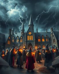 Step into a magical school brimming with young wizards, where intense dramatic weather serves as a constant backdrop, conveyi