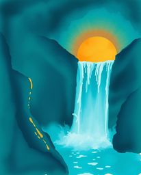 A rich deep teal watercolor painting of a sun setting behind a dramatic waterfall. This artwork features translucent washes, 