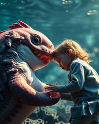 A captivating high-resolution stock photo depicts an unlikely friendship between a child and a sea creature. The image showc
