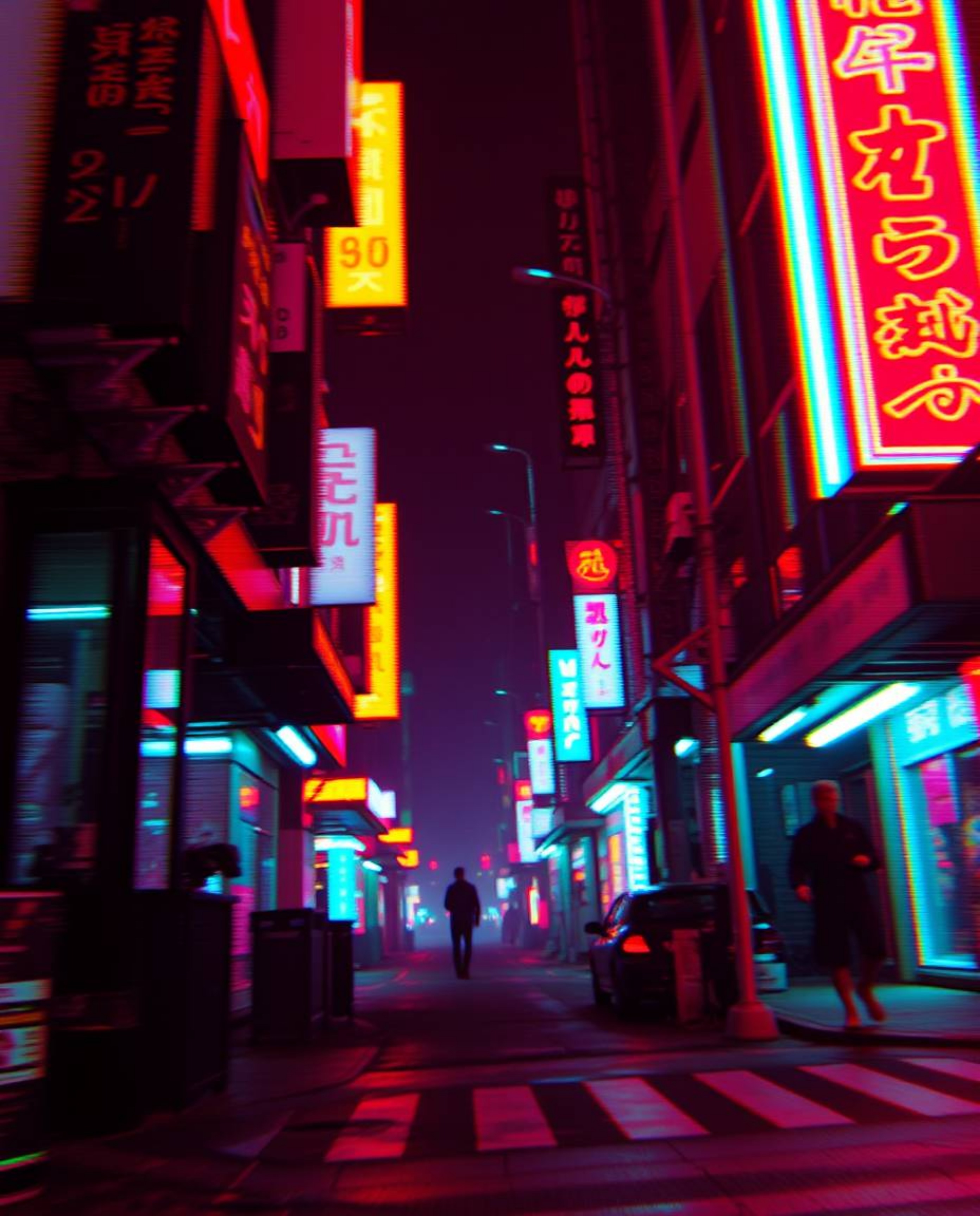 Immerse yourself in a vibrant cyberpunk world with this extreme close-up, pixelated glitch image.  The neon haze and moody at