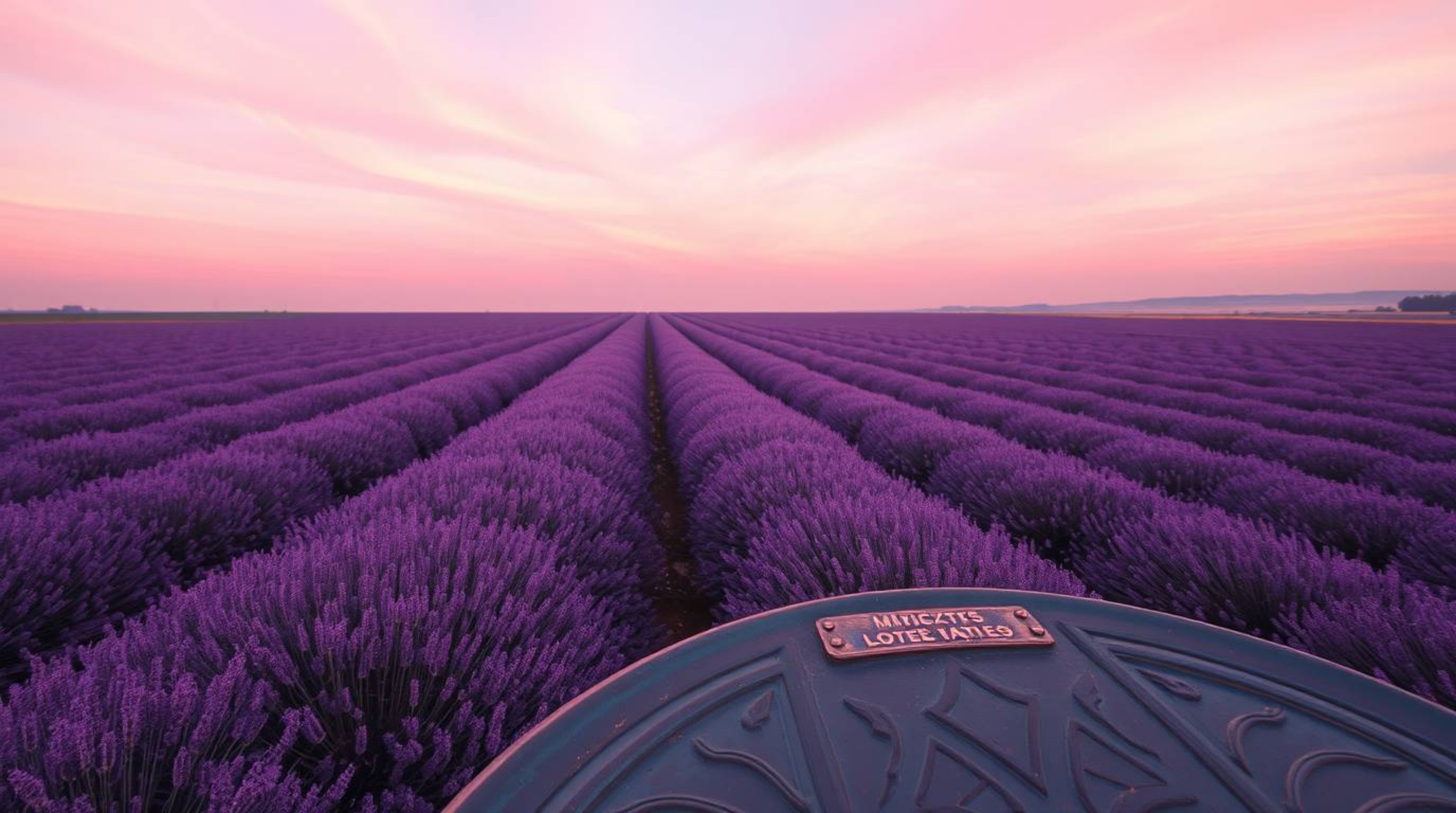 Experience a breathtaking overhead bird's eye view of lavender fields glowing under a dreamy pink sky, rendered with a cast b