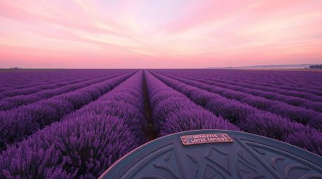 Experience a breathtaking overhead bird's eye view of lavender fields glowing under a dreamy pink sky, rendered with a cast b