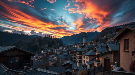 A dramatic cinematic photograph captures a cozy village nestled in a valley, bathed under a vibrant, colorful sky.  The image