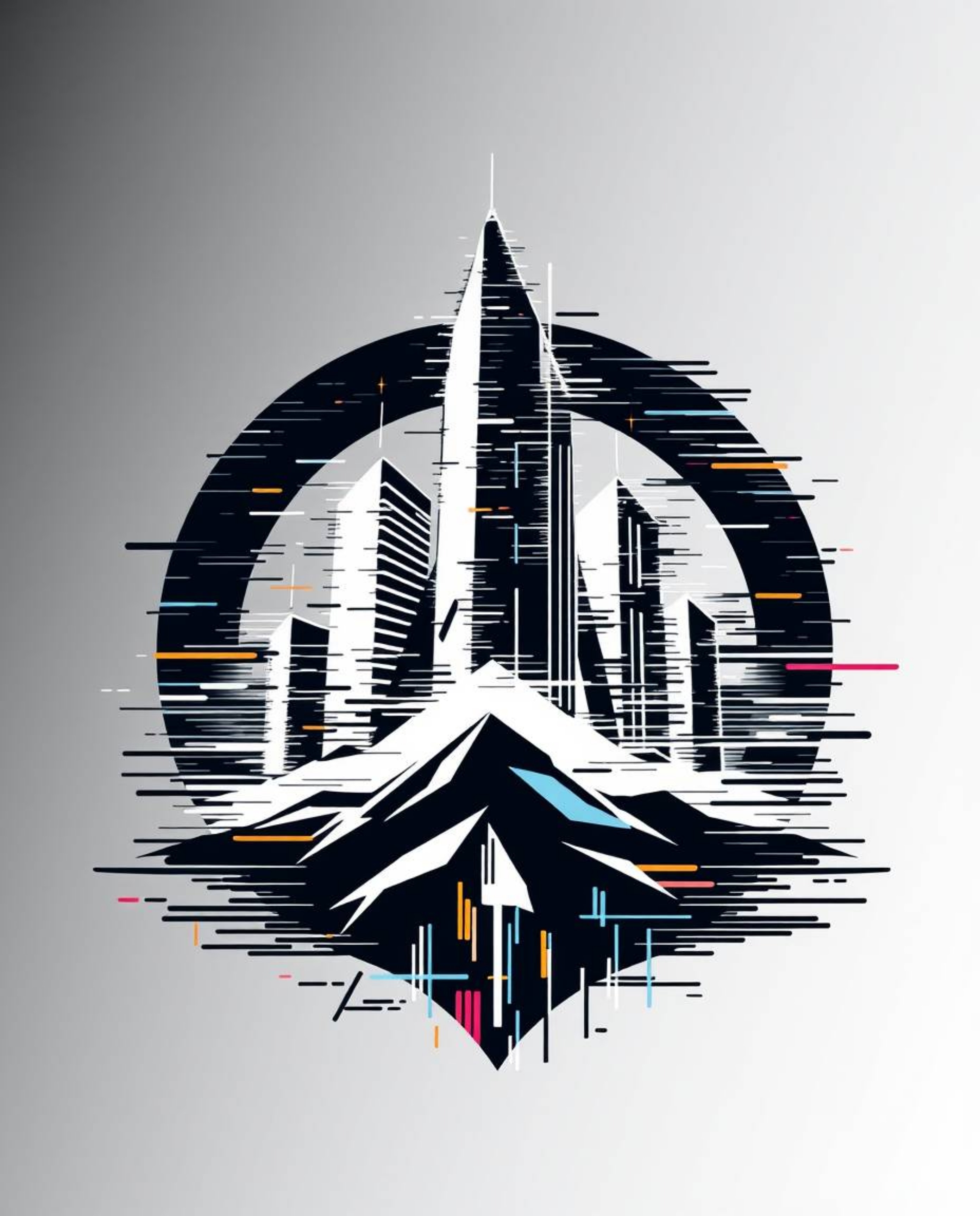 A dynamic logo showcasing a glitchy digital landscape with distorted skyscrapers and static noise. The design features a bal