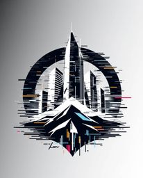 A dynamic logo showcasing a glitchy digital landscape with distorted skyscrapers and static noise.  The design features a bal