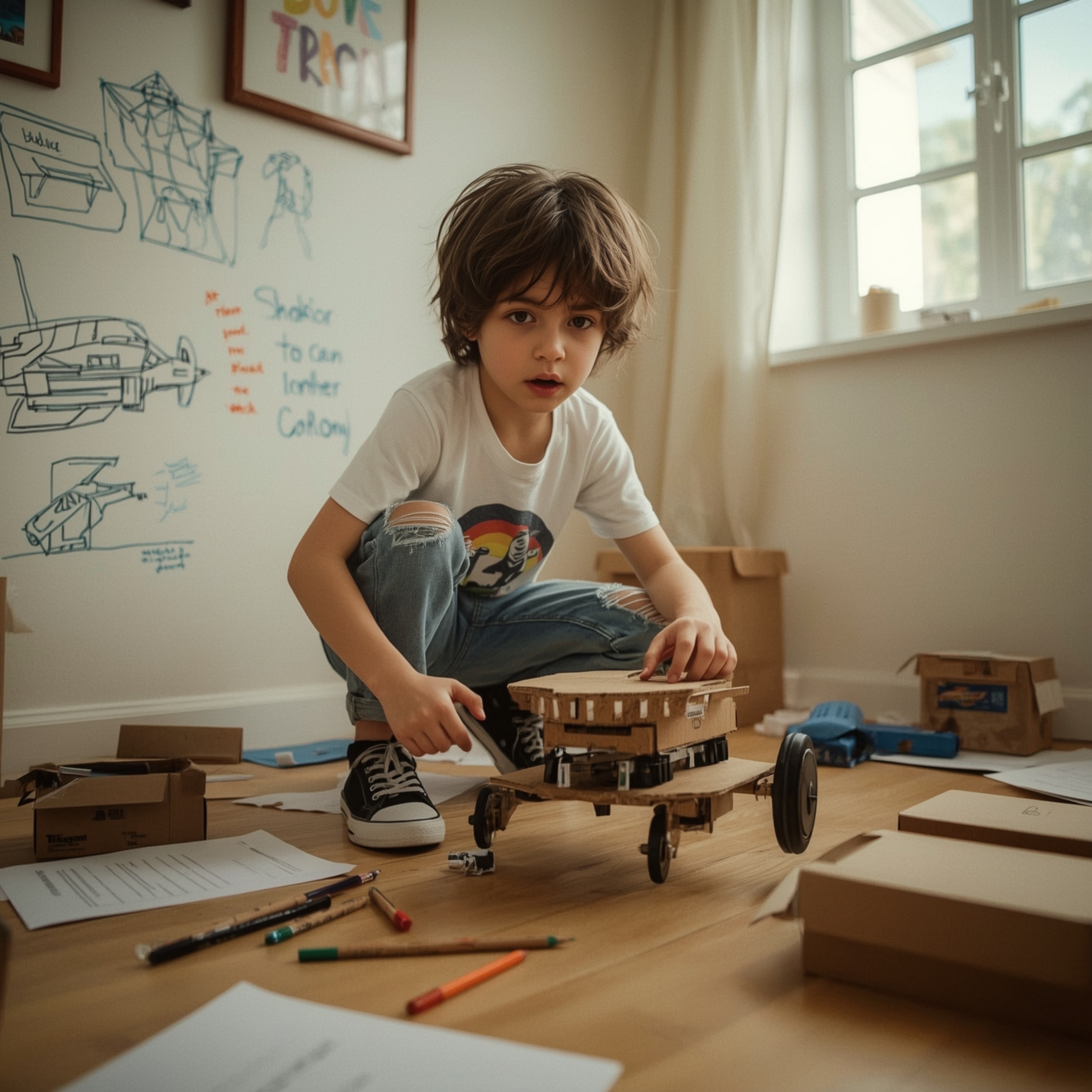 This image captures the essence of childhood creativity and imagination, featuring a young boy with curious bright eyes passi