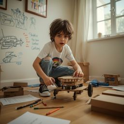 This image captures the essence of childhood creativity and imagination, featuring a young boy with curious bright eyes passi