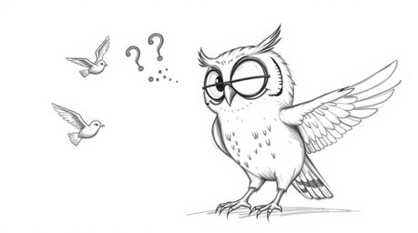A charming hand-drawn sketch depicting a blind owl teaching birds how to fly, rendered in a Pixar-inspired style. The owl imp