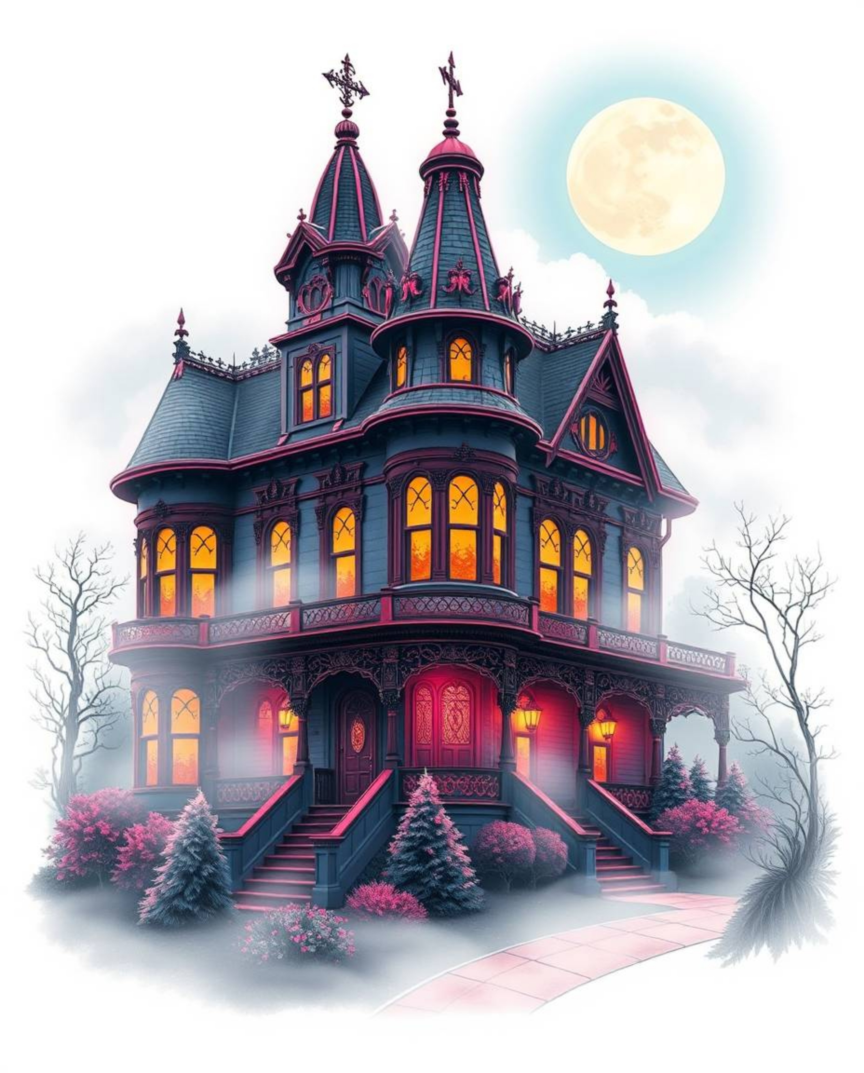 This captivating tattoo art print depicts a fog-covered Victorian mansion bathed in moonlight, rendered in vibrant colors and