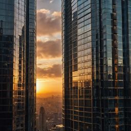 A captivating image capturing the essence of urban life, showcasing a modern glass skyscraper reflecting the warm hues of the