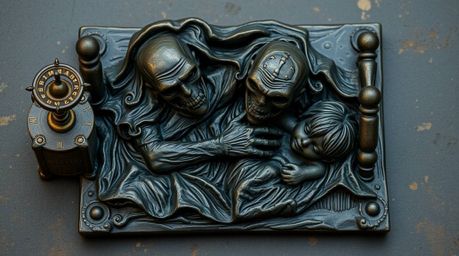 This cast bronze artwork captures an eerie and unsettling scene of a monster under the bed forming a surprising friendship wi