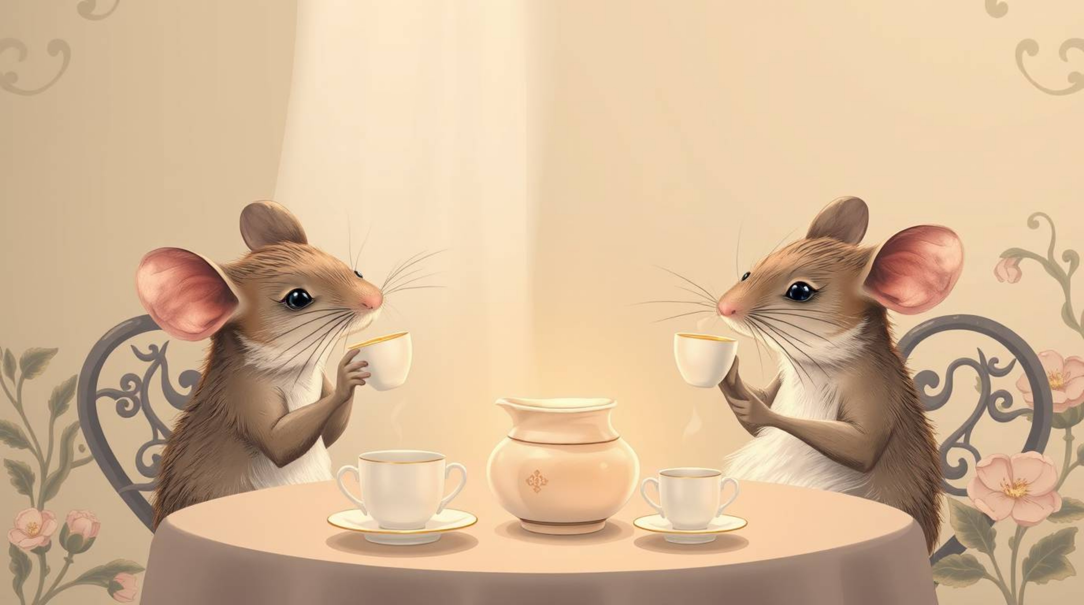 This image showcases graceful, elegant anthropomorphic mice with refined features enjoying a delightful tea party in a cozy c