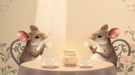 This image showcases graceful, elegant anthropomorphic mice with refined features enjoying a delightful tea party in a cozy c