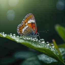 Witness the serene beauty of nature as a delicate butterfly graces a leaf, adorned with glistening droplets of morning dew. T