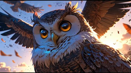 Rendered in a captivating style that merges Pixar's charm with anime's expressiveness, this image depicts a wise blind owl te