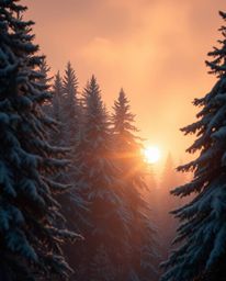 A cinematic photograph depicts a massive, heroic scene of sunset light sparkling on snowy pine trees. Featuring a soft focus 