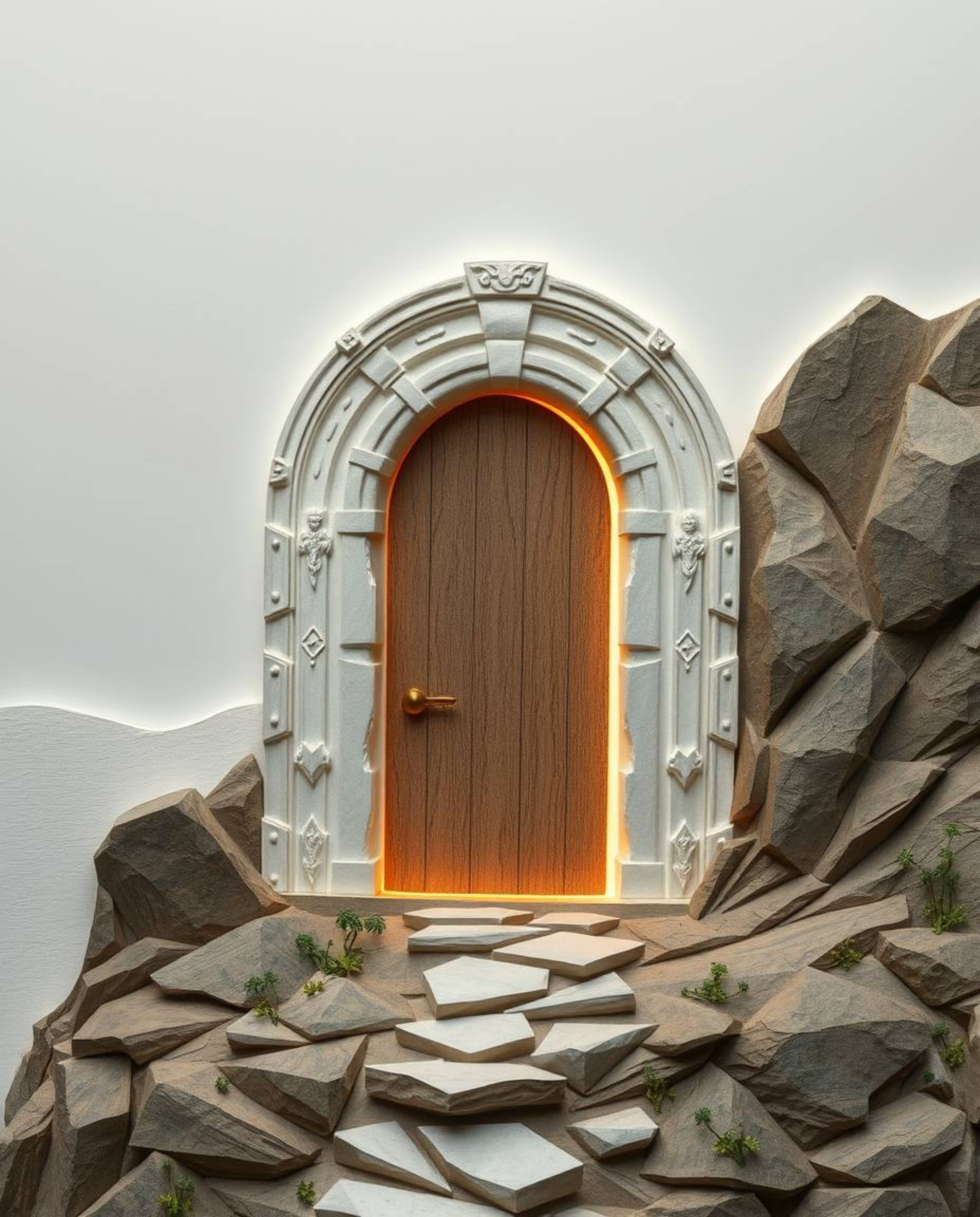 An ancient doorway, glowing with mysterious runes, is carved into the side of a majestic mountain.  This artistic rendition u