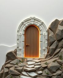 An ancient doorway, glowing with mysterious runes, is carved into the side of a majestic mountain.  This artistic rendition u