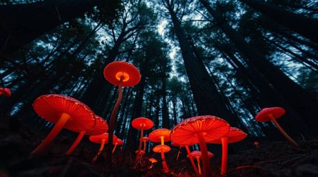 A mesmerizing low-angle view captures a vintage-style enchanted forest, illuminated by vibrant glowing mushrooms in hues of r