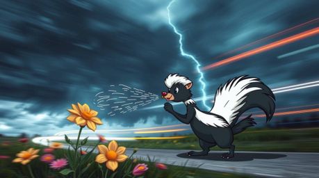 A captivating long exposure photograph showcases a whimsical scene of a cartoon skunk spraying perfume on flowers amidst an i