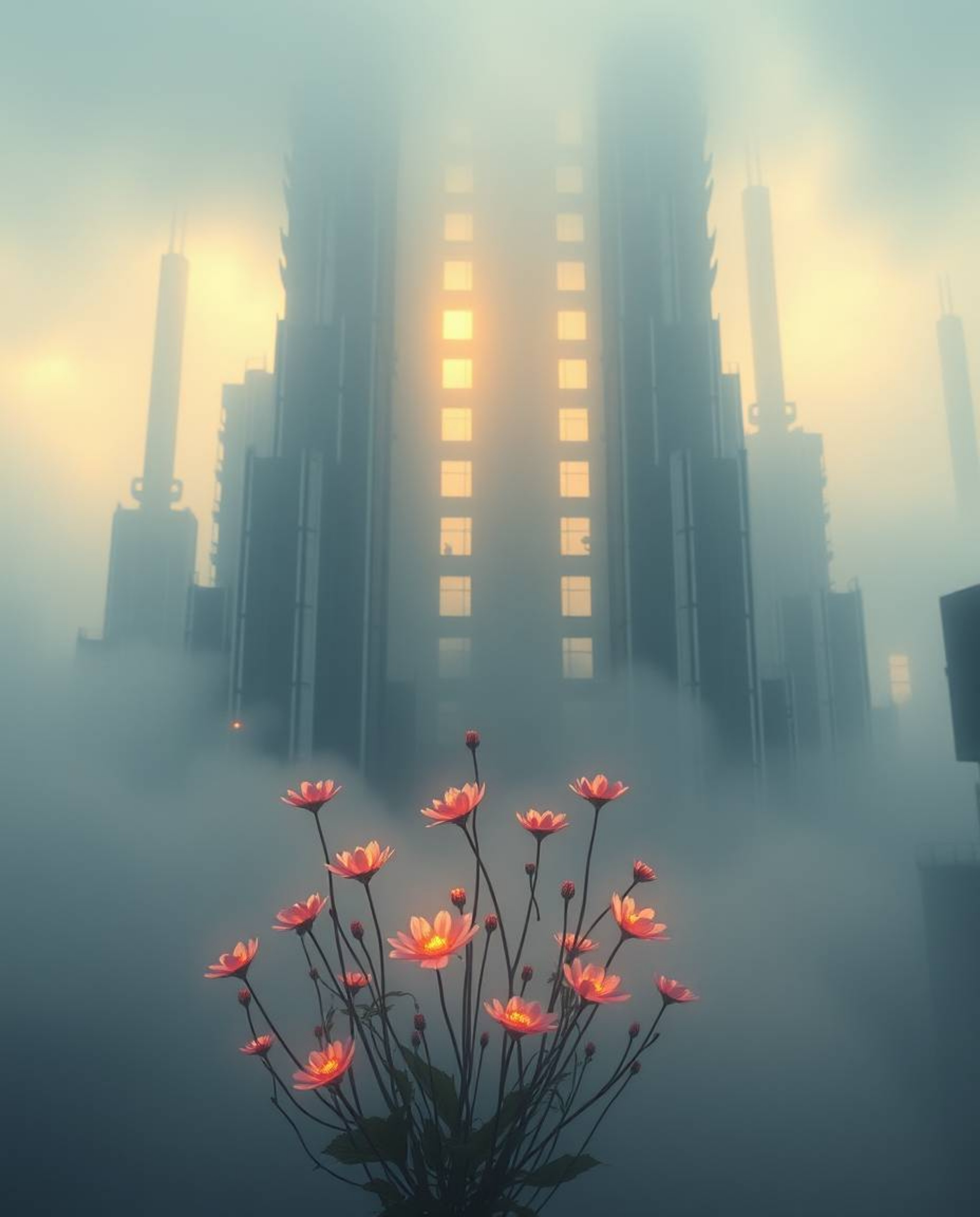 Ethereal flowers bloom amidst the thick fog of a post-apocalyptic city, creating a surreal and captivating scene.  This image