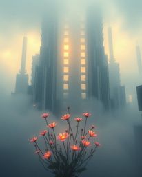Ethereal flowers bloom amidst the thick fog of a post-apocalyptic city, creating a surreal and captivating scene.  This image
