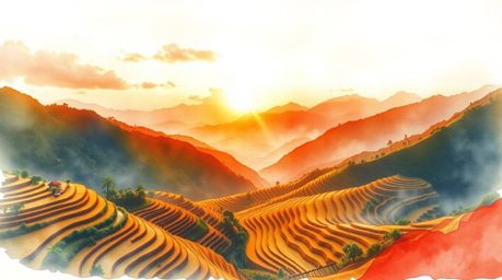 A captivating watercolor painting depicts a warm sunset casting vibrant reds, oranges, and yellows across lush mountainous ri
