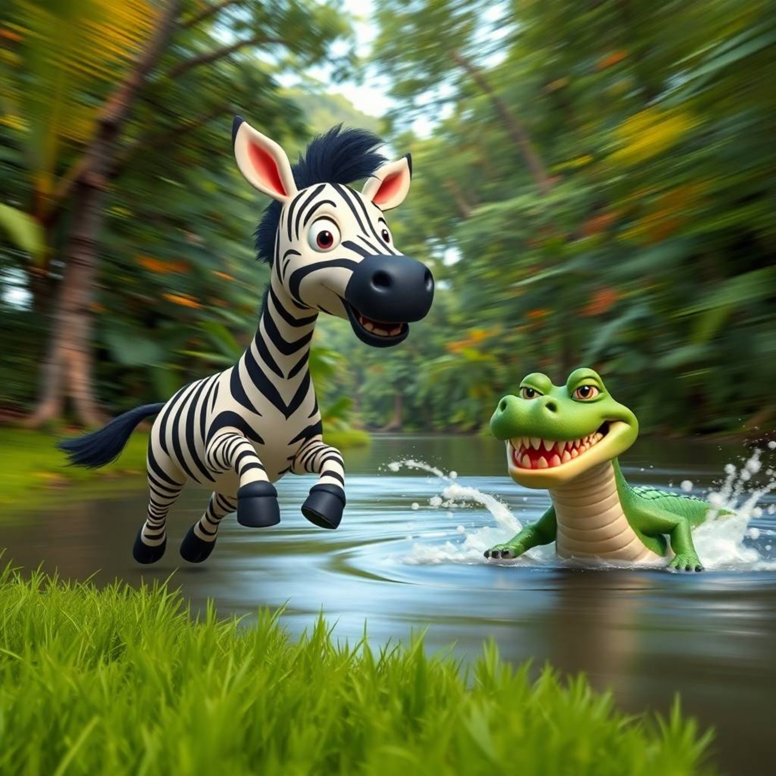 A captivating deep teal long exposure photograph showcases a cute 3D cartoon zebra with expressive eyes and a friendly smile 