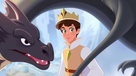 A charming prince, depicted in a delightful 1950s animation style with soft pastel colors, bravely faces a majestic dragon.