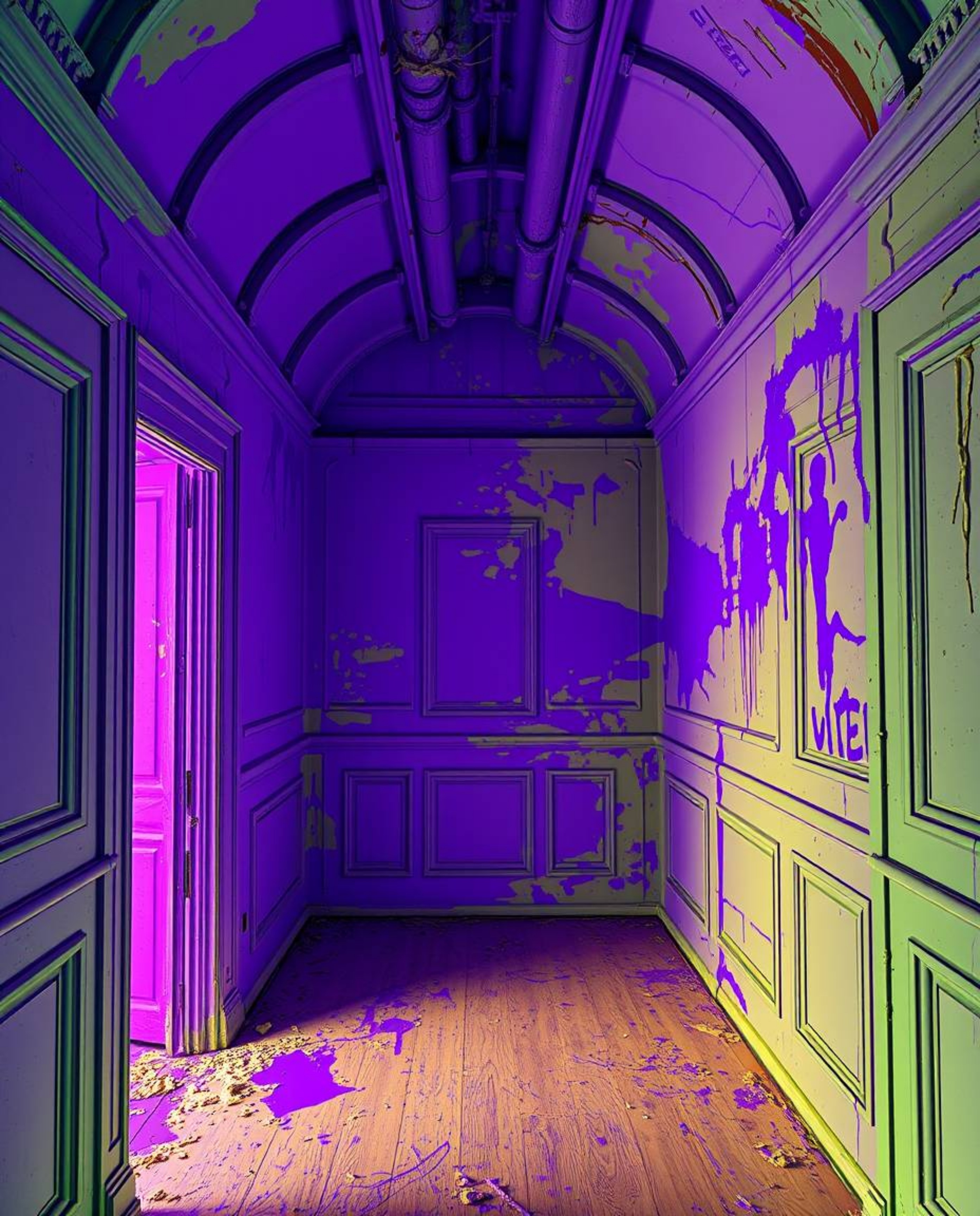 Experience the vibrant chaos of a room exploding with paint, captured through precise architectural color photography. Render