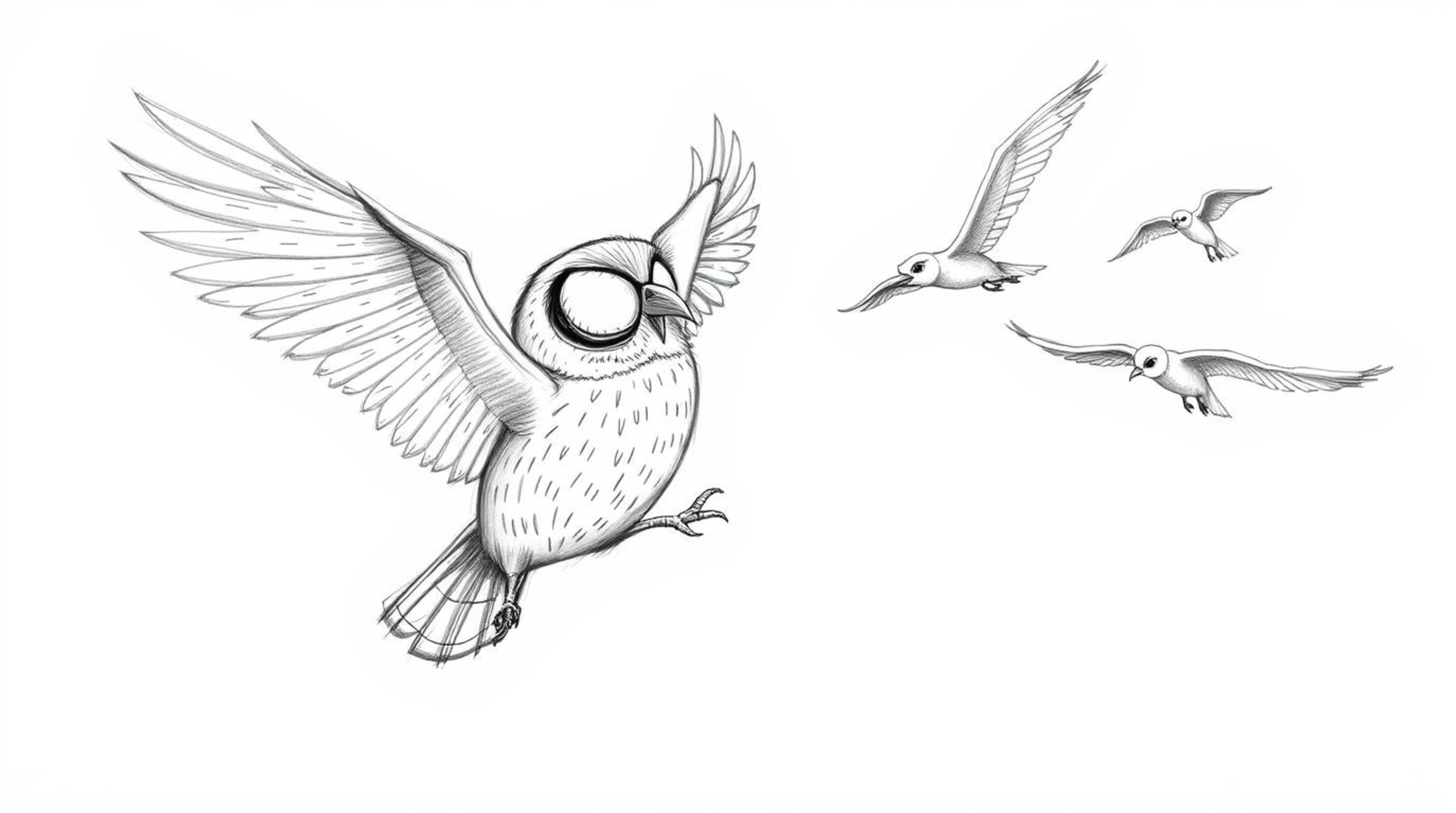 A captivating hand-drawn sketch in the style of Pixar, depicting a blind owl imparting wisdom on flight to a flock of birds. 