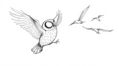 A captivating hand-drawn sketch in the style of Pixar, depicting a blind owl imparting wisdom on flight to a flock of birds. 